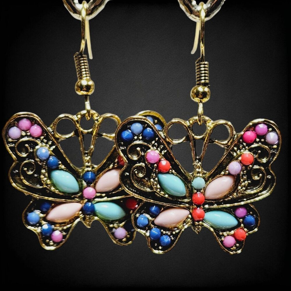Beaded Butterfly Bronze Earrings Bohemian Bling Woman's Drop Dangle Butterflies